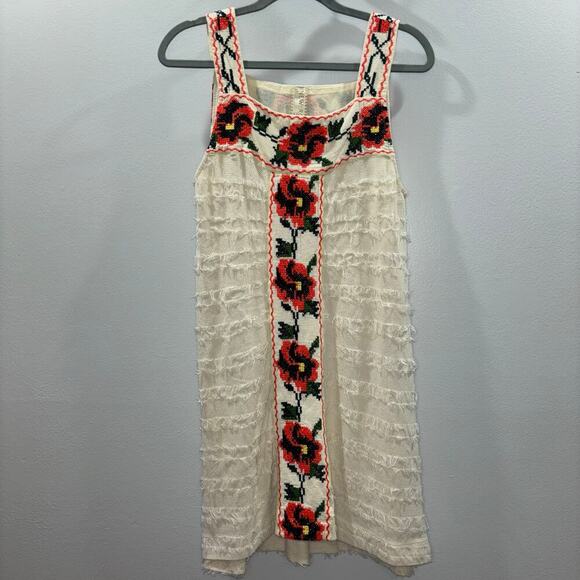 Free People New Romantics Embroidered Boho Dress Size Medium Ivory Fringe Floral - Picture 2 of 13